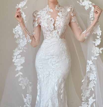 Graceful V Neck Appliques Wedding Dress Long Sleeve Mermaid Bridal Dress GG6566