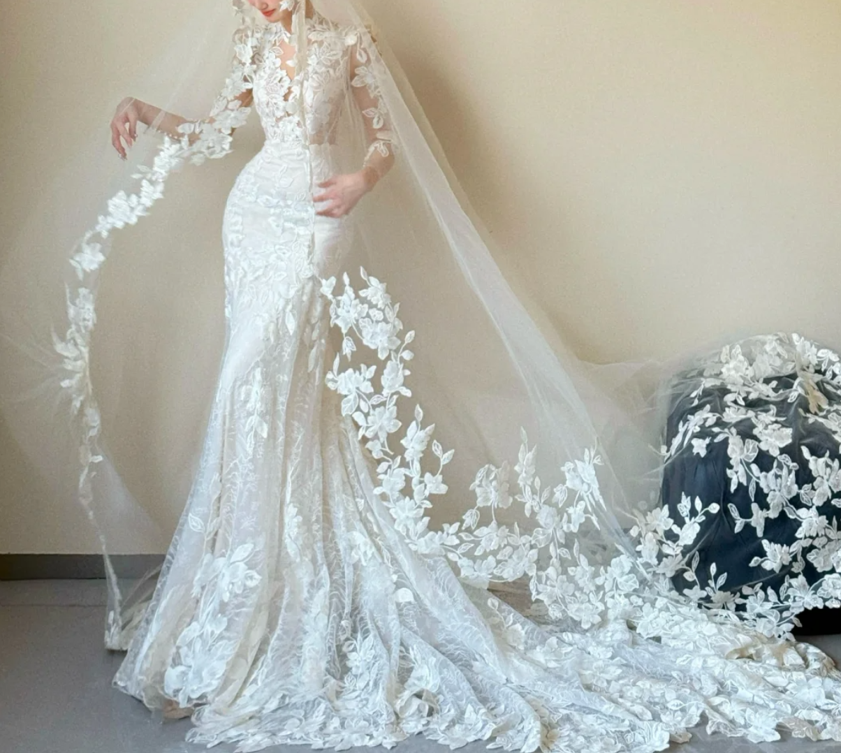 Graceful V Neck Appliques Wedding Dress Long Sleeve Mermaid Bridal Dress GG6566