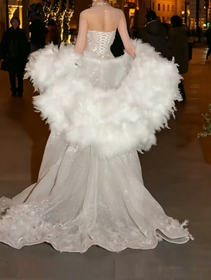 Unique High Collar Beaded Wedding Dress Pearls Sequins Mermiad Bridal Dress GG6567