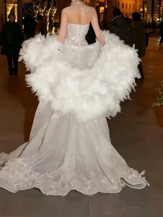 Unique High Collar Beaded Wedding Dress Pearls Sequins Mermiad Bridal Dress GG6567