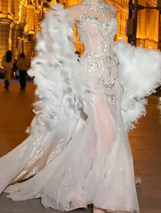 Unique High Collar Beaded Wedding Dress Pearls Sequins Mermiad Bridal Dress GG6567
