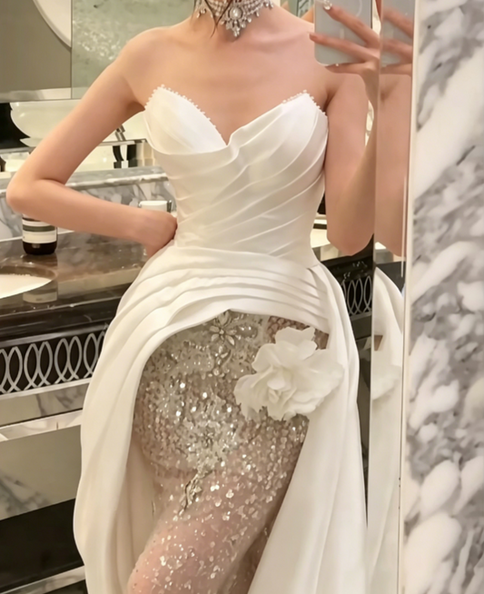 Romantic Strapless Satin Wedding Dress Handmade Flower Beaded A-Line Bridal Dress GG6569