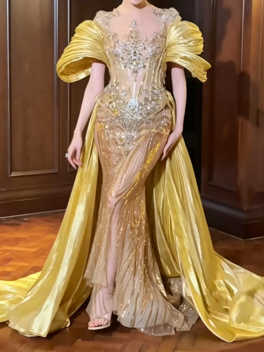 Attractive Jewel Neck Pleated Yellow Prom Dress Sequins Beaded Mermaid Evening Dress GG6572