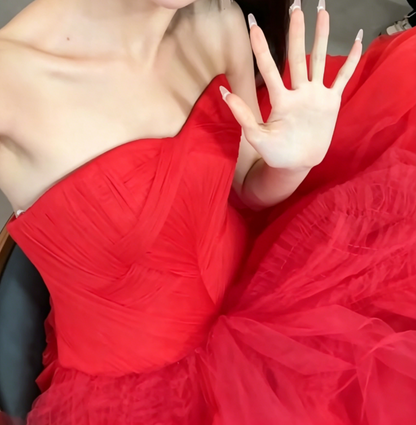 Alluring Strapless Red Prom Dress Tulle A-Line Evening Dress GG6578