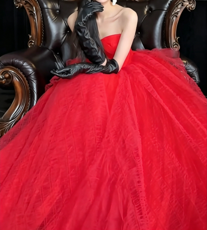 Alluring Strapless Red Prom Dress Tulle A-Line Evening Dress GG6578