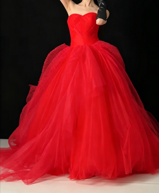 Alluring Strapless Red Prom Dress Tulle A-Line Evening Dress GG6578