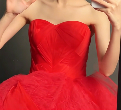 Alluring Strapless Red Prom Dress Tulle A-Line Evening Dress GG6578