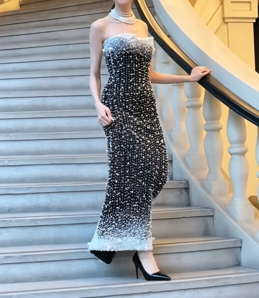 Alluring Strapless Black Prom Dress Pearls Mermaid Evening Dress GG6581