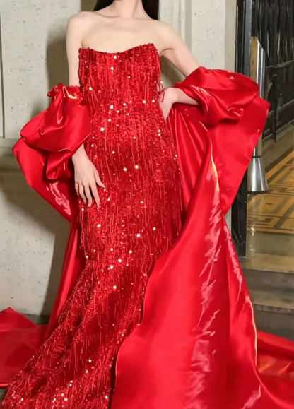 Chic Strapless Red Prom Dress Sequins Tassel Mermaid Evening Dress GG6583