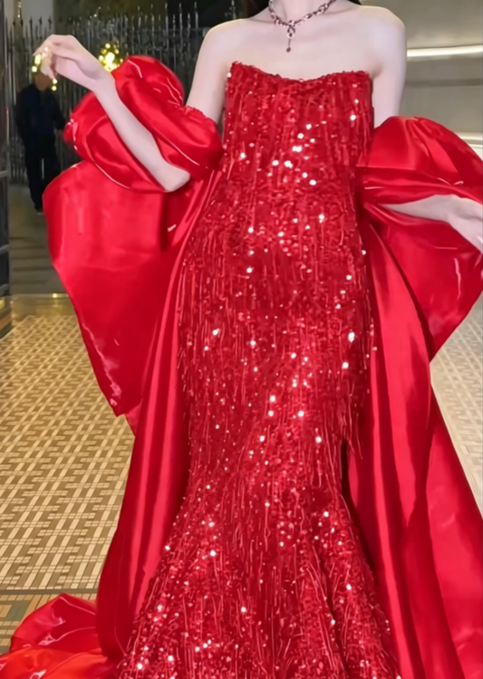 Chic Strapless Red Prom Dress Sequins Tassel Mermaid Evening Dress GG6583