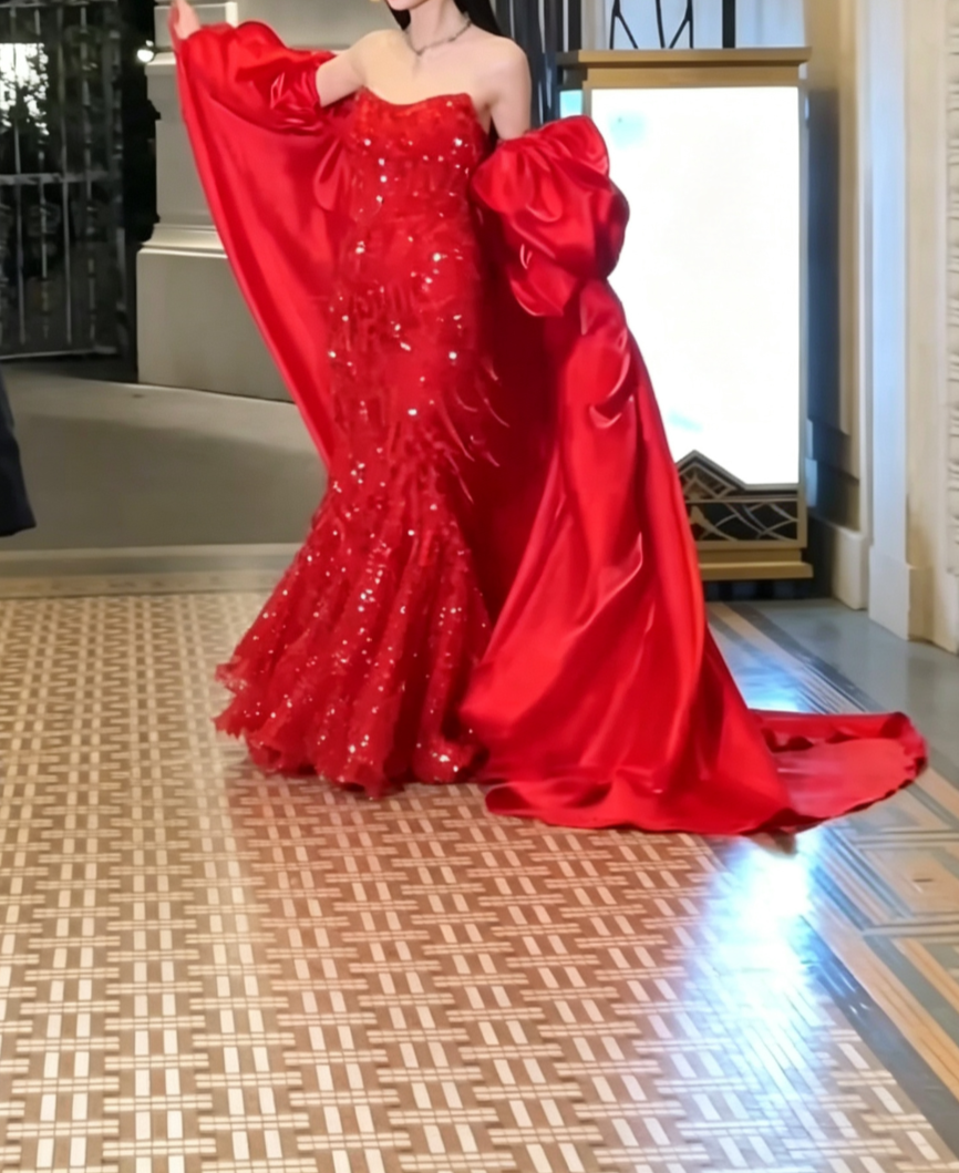 Chic Strapless Red Prom Dress Sequins Tassel Mermaid Evening Dress GG6583