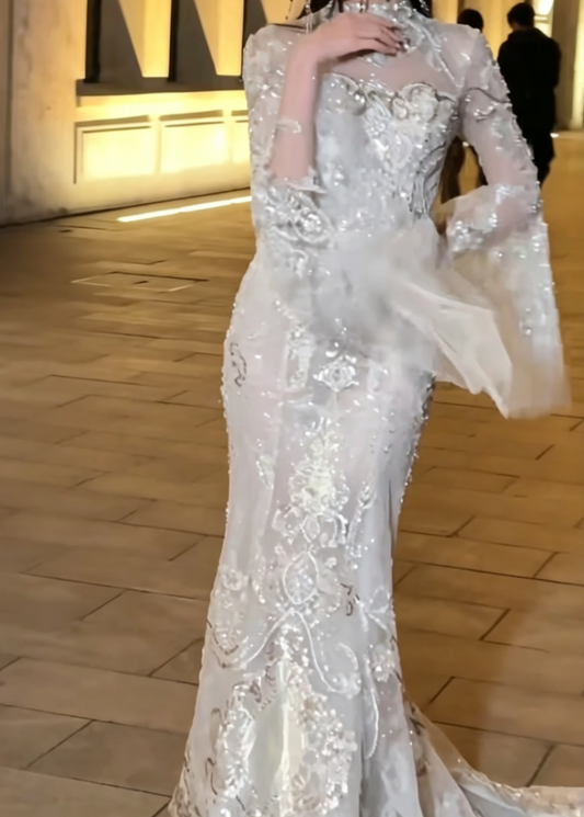 Exquisite High Collar Beaded Wedding Dress Long Sleeve Sequins Mermaid Bridal Dress GG6584