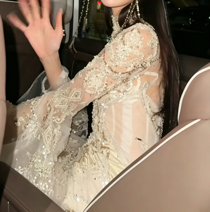 Exquisite High Collar Beaded Wedding Dress Long Sleeve Sequins Mermaid Bridal Dress GG6584