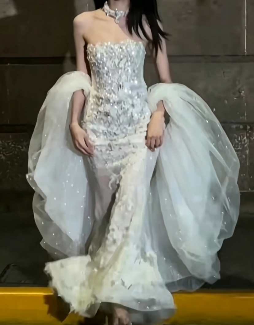 Glam Strapless Lace Wedding Dress Sequins Mermiad Bridal Dress GG6585