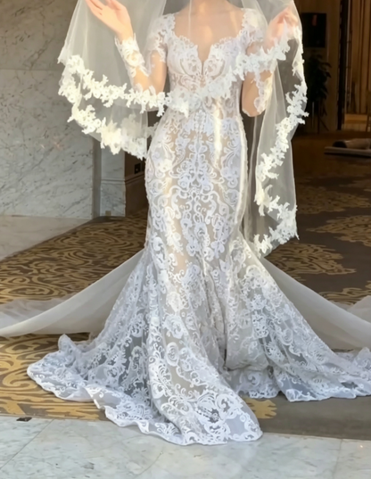 Romantic V Neck Wedding Dress Long Sleeve Lace Mermaid Bridal Dress GG6588