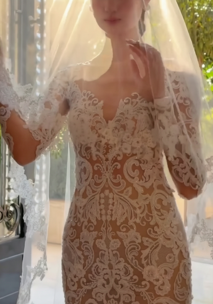 Romantic V Neck Wedding Dress Long Sleeve Lace Mermaid Bridal Dress GG6588