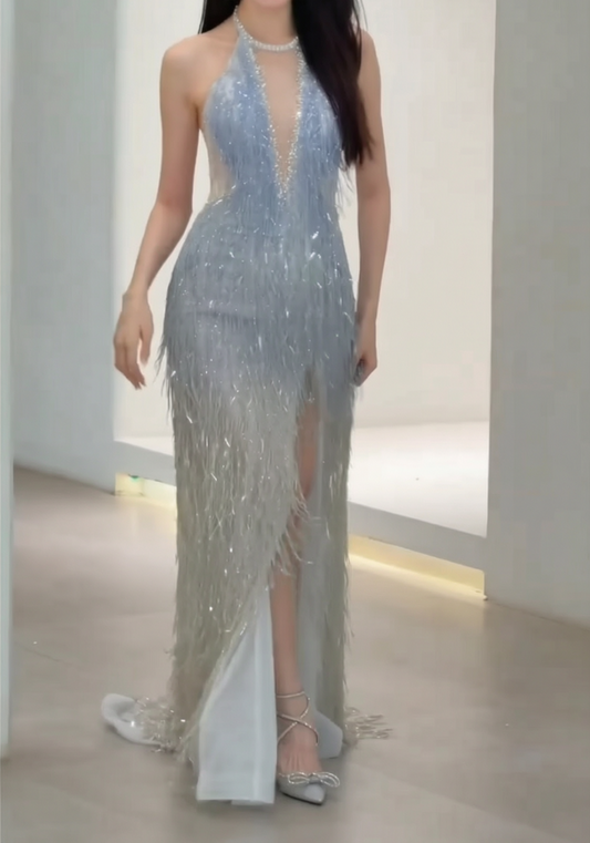 Glittering Halter Neck Slit Blue Prom Dress Sequins Tassel Beaded Mermaid Evening Dress GG6589