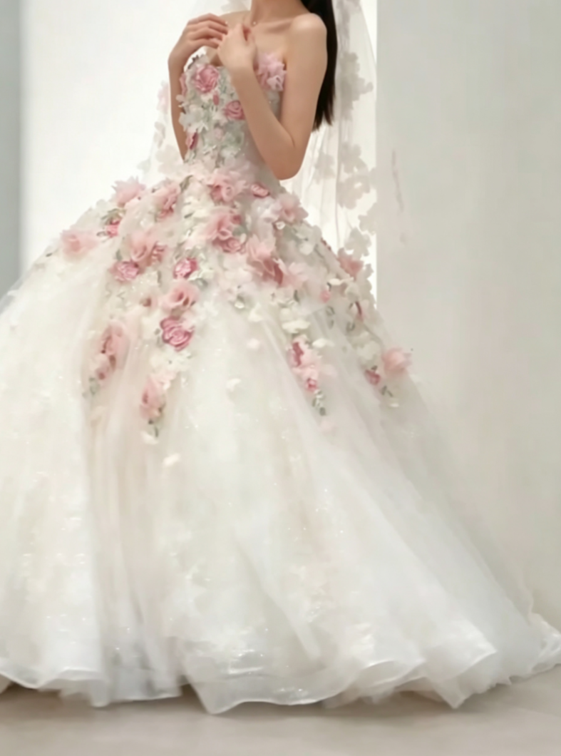 Sweet Strapless Pink Prom Dress Appliques Sequins A-Line Evening Dress GG6591