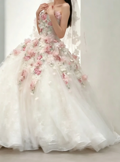 Sweet Strapless Pink Prom Dress Appliques Sequins A-Line Evening Dress GG6591