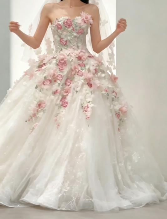 Sweet Strapless Pink Prom Dress Appliques Sequins A-Line Evening Dress GG6591