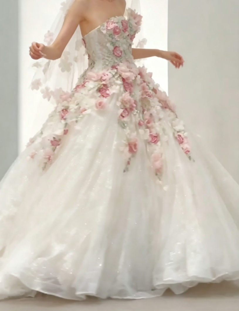 Sweet Strapless Pink Prom Dress Appliques Sequins A-Line Evening Dress GG6591