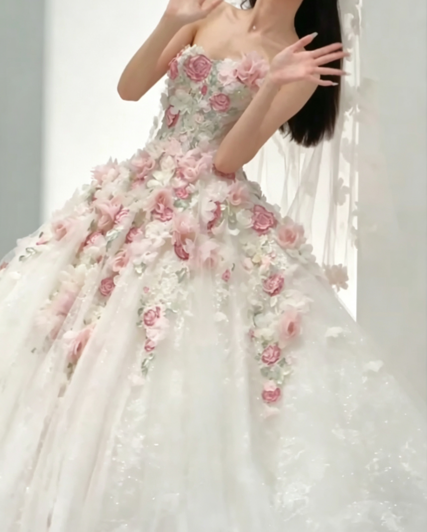 Sweet Strapless Pink Prom Dress Appliques Sequins A-Line Evening Dress GG6591