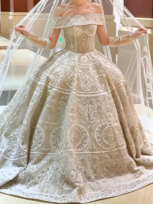 Ornate Off-Shoulder Wedding Dress Beaded A-Line Bridal Dress GG6592