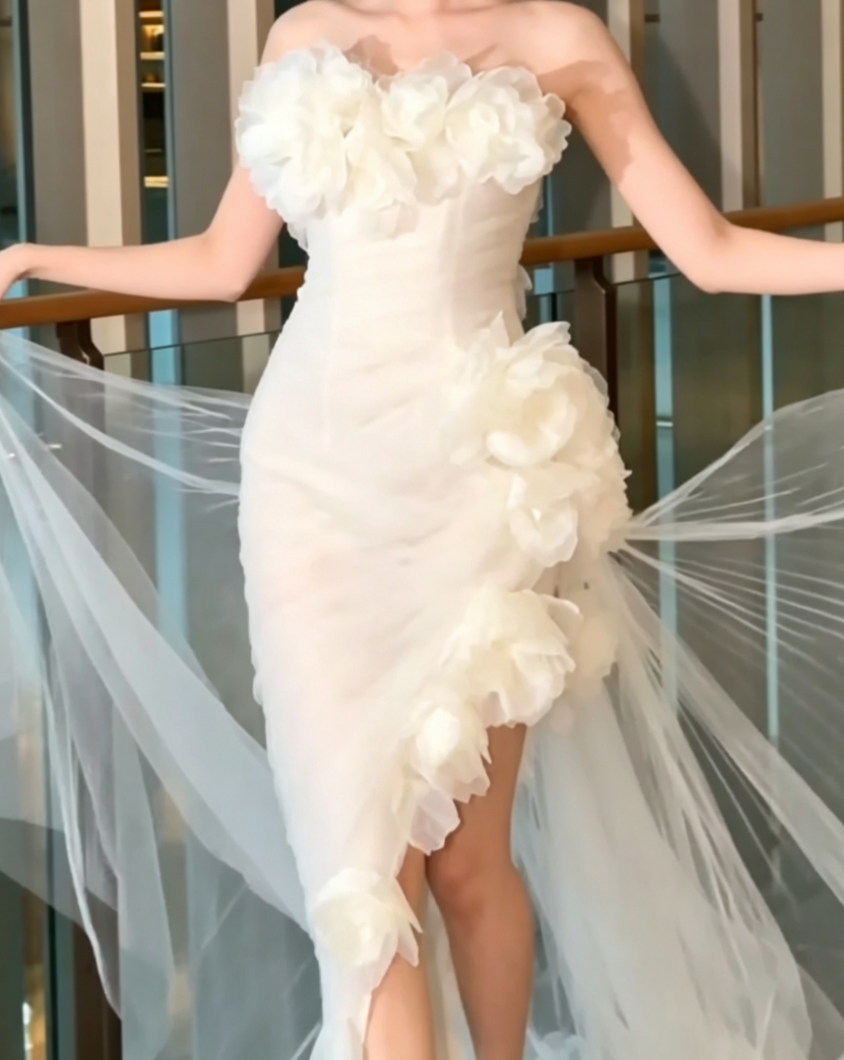Playful Strapless Homecoming Dress Ruffles Floral Sheath Birthday Dress GG6594