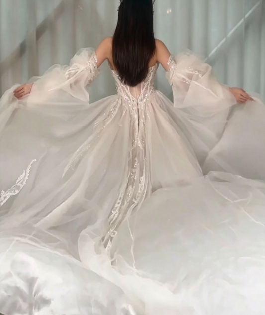 Glamorous Off-Shoulder Wedding Dress Sequins Appliques Tulle A-Line Bridal Dress GG6595