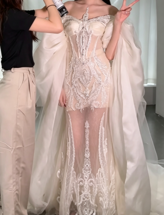 Glamorous Off-Shoulder Wedding Dress Sequins Appliques Tulle A-Line Bridal Dress GG6595