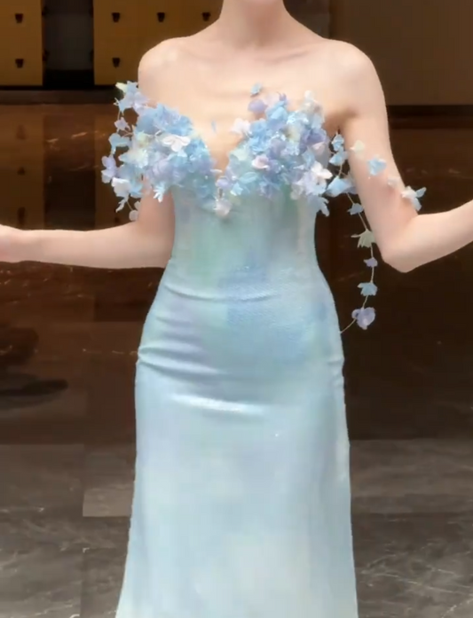 Fascinating Sweetheart Neck Blue Prom Dress Sequins Appliques Mermaid Evening Dress GG6596