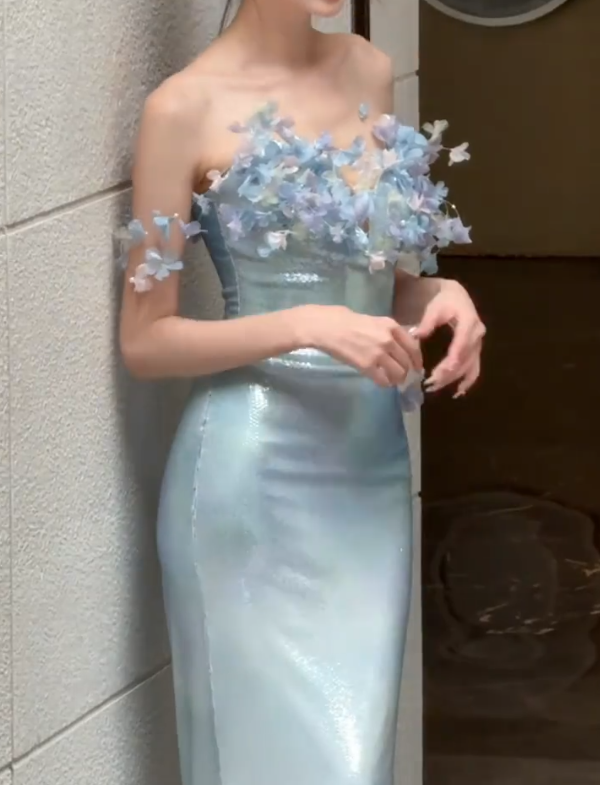 Fascinating Sweetheart Neck Blue Prom Dress Sequins Appliques Mermaid Evening Dress GG6596