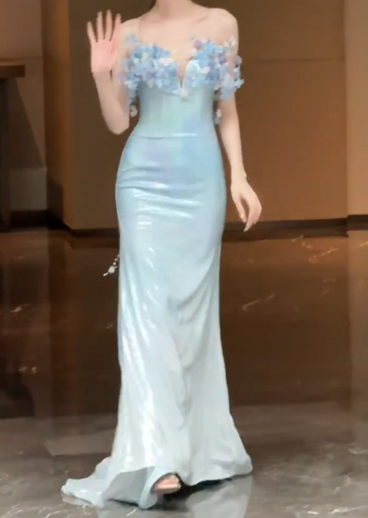 Fascinating Sweetheart Neck Blue Prom Dress Sequins Appliques Mermaid Evening Dress GG6596