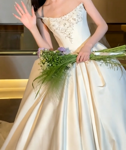 Chic Strapless Wedding Dress Beaded Satin A-Line Bridal Dress GG6598