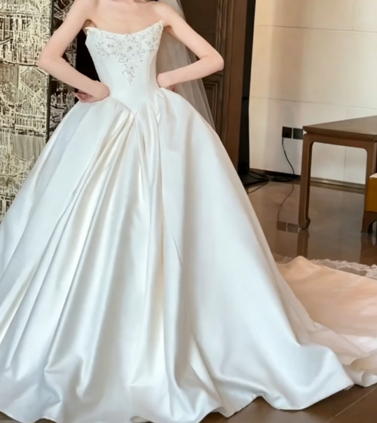 Chic Strapless Wedding Dress Beaded Satin A-Line Bridal Dress GG6598