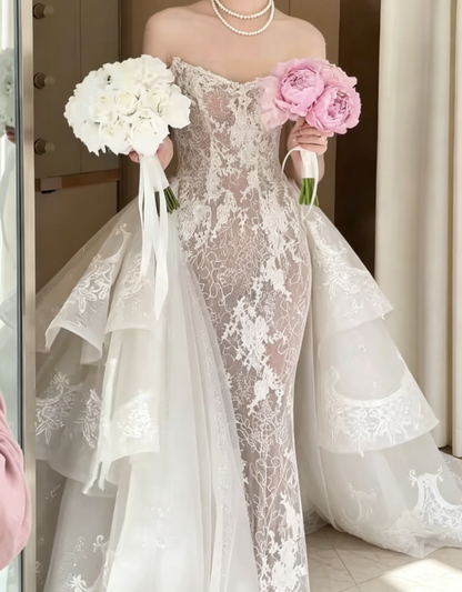 Chic Strapless Lace Wedding Dress With Train Appliques Mermiad Bridal Dress GG6602