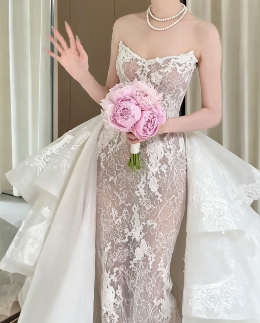 Chic Strapless Lace Wedding Dress With Train Appliques Mermiad Bridal Dress GG6602