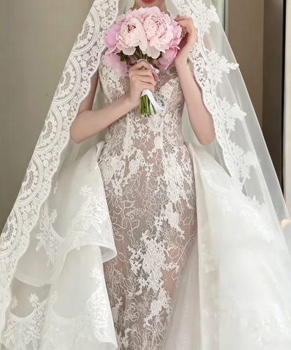 Chic Strapless Lace Wedding Dress With Train Appliques Mermiad Bridal Dress GG6602