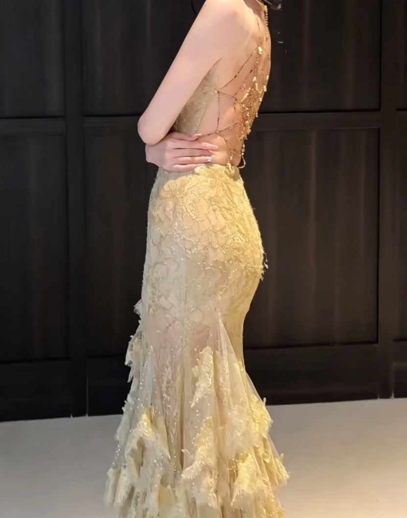 Fascinating Spaghetti Straps Gold Prom Dress Sequins Lace Mermaid Evening Dress GG6603