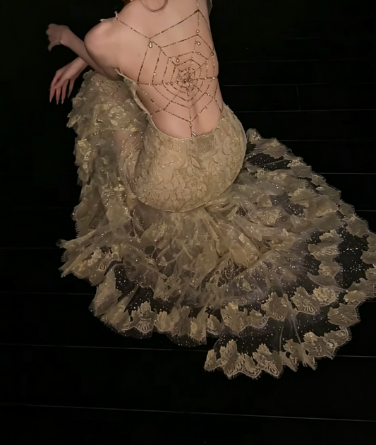 Fascinating Spaghetti Straps Gold Prom Dress Sequins Lace Mermaid Evening Dress GG6603