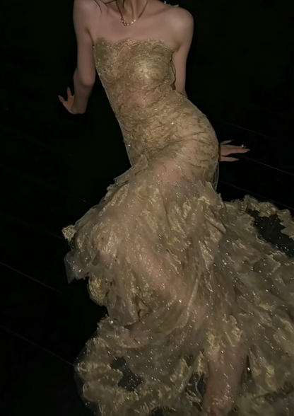 Fascinating Spaghetti Straps Gold Prom Dress Sequins Lace Mermaid Evening Dress GG6603