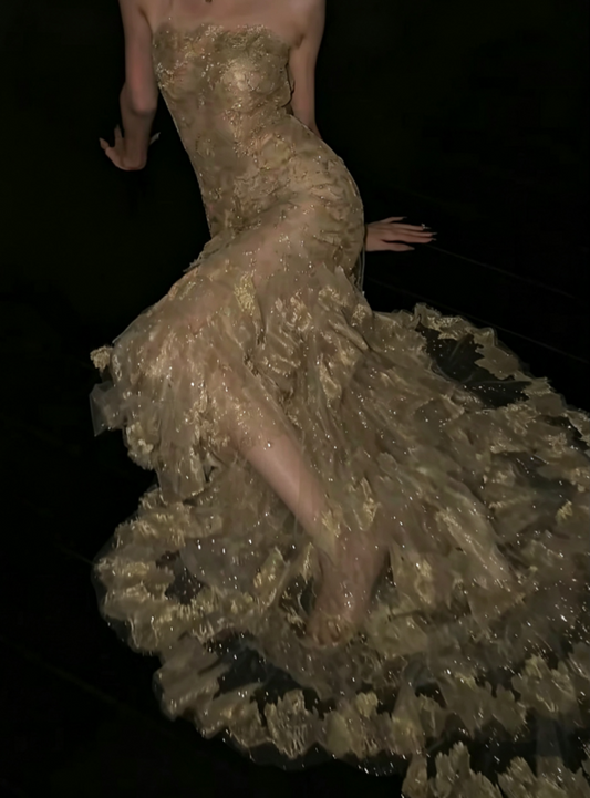 Fascinating Spaghetti Straps Gold Prom Dress Sequins Lace Mermaid Evening Dress GG6603