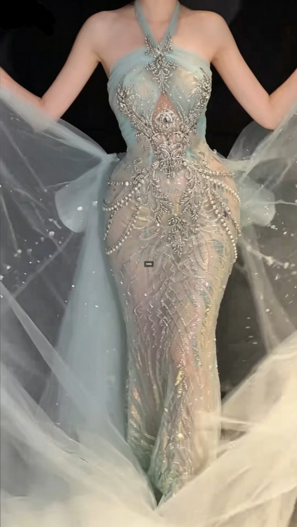 Attractive Halter Neck Blue Prom Dress With Bow Train Sequins Beaded Mermaid Evening Dress GG6605