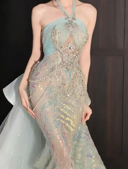 Attractive Halter Neck Blue Prom Dress With Bow Train Sequins Beaded Mermaid Evening Dress GG6605