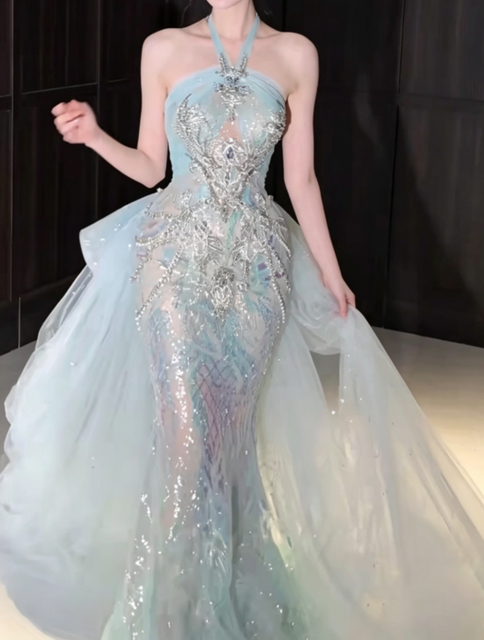 Attractive Halter Neck Blue Prom Dress With Bow Train Sequins Beaded Mermaid Evening Dress GG6605