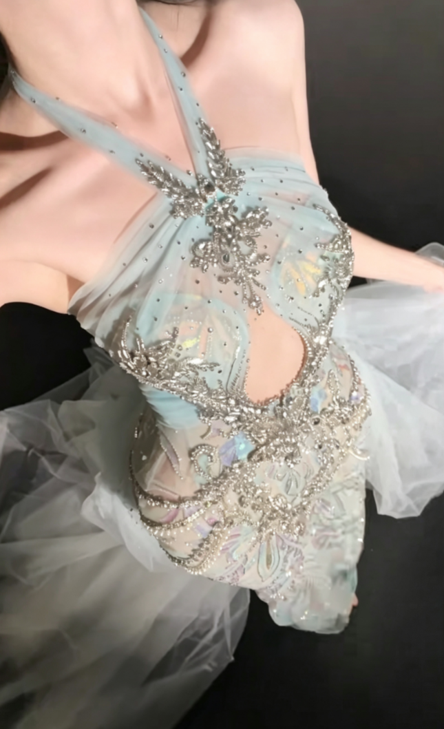 Attractive Halter Neck Blue Prom Dress With Bow Train Sequins Beaded Mermaid Evening Dress GG6605