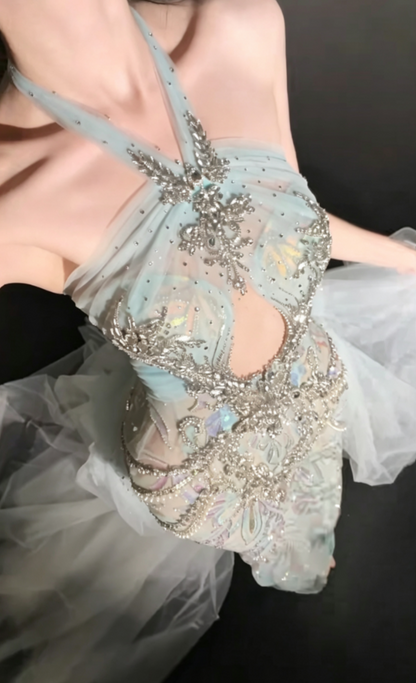 Attractive Halter Neck Blue Prom Dress With Bow Train Sequins Beaded Mermaid Evening Dress GG6605