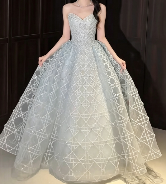 Unique Sweetheart Neck Blue Prom Dress Beading Sequins A-Line Evening Dress GG6606