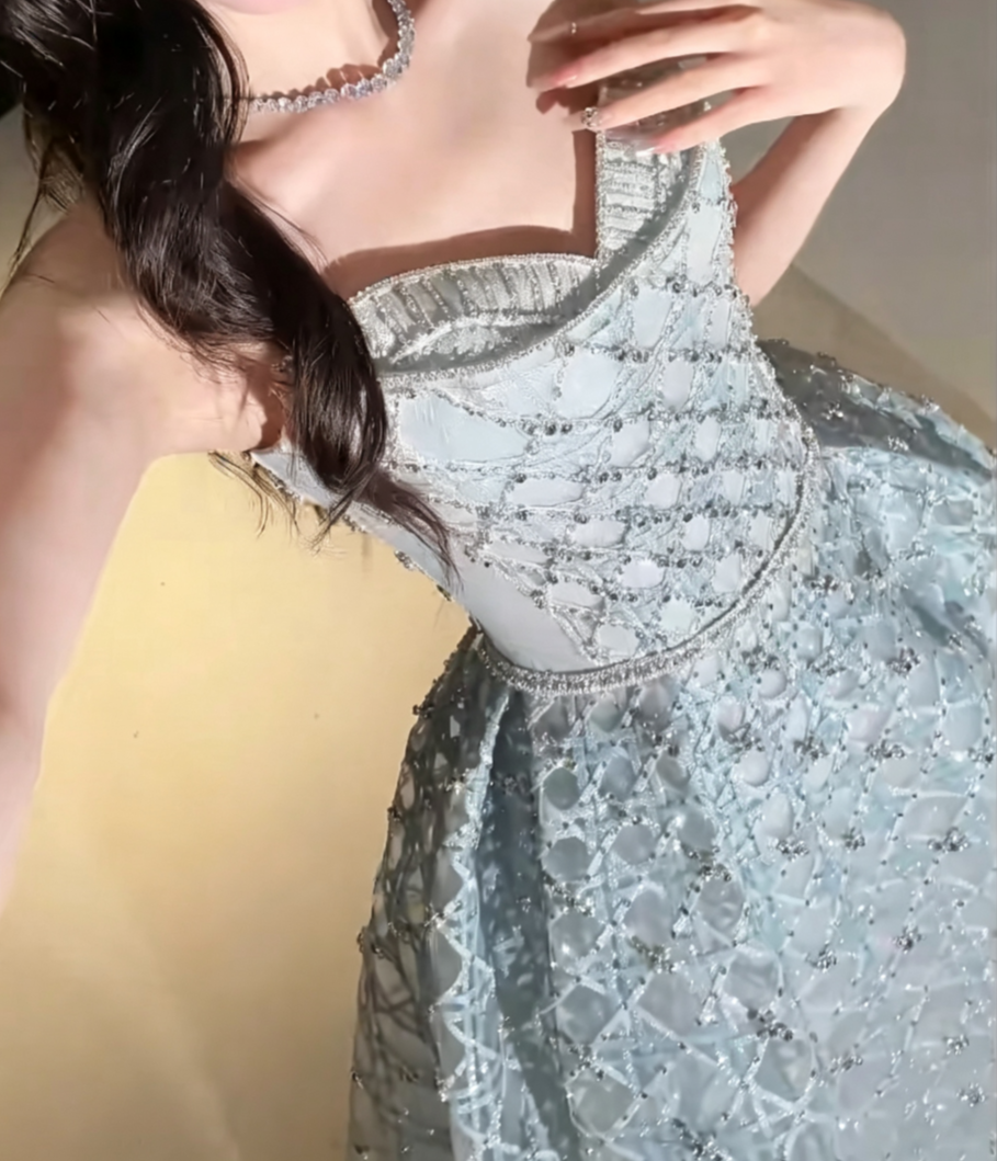 Unique Sweetheart Neck Blue Prom Dress Beading Sequins A-Line Evening Dress GG6606