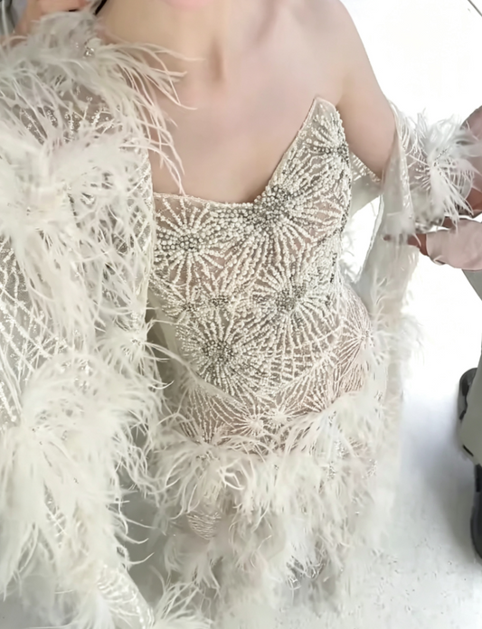 Playful Strapless Beaded Wedding Dress Feather A-Line Bridal Dress GG6607